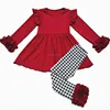 Wholesale fall outfit wholesale kids girl cotton Burgundy girl dress baby houndstooth ruffle legging children boutique winter