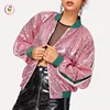 Ladies Fashion Baseball Collar Ribbed Trim Sequin Detail Bomber Jacket Bling Night Out Zip Up Jacket