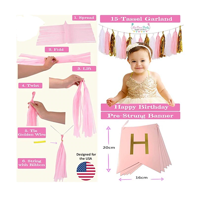 
1 year birthday party decoration baby girl set including banner aluminum foil latex balloon paper flower cake decoration tassel 