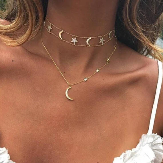 

moon star charm delicate double chain choker pave clear cz sparking elegant fashion women christmas Gold moon star necklace, Customized