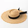 Fashion Ring Flat Top Bow Streamer Raffia Big Hat
