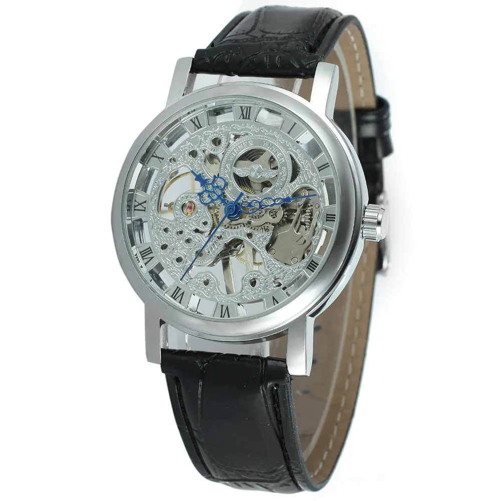 

best selling winner hand wind mechanical watch skeleton men slim watch, 4colors