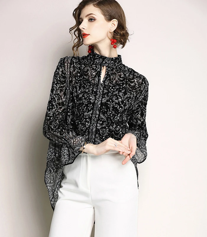 

Long Sleeve Print Fashion Woman Casual Chiffon Blouse Designs, Black