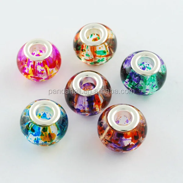 

Mixed Color Rondelle Spray Painted Glass European Large Hole Beads, with Silver Brass Cores