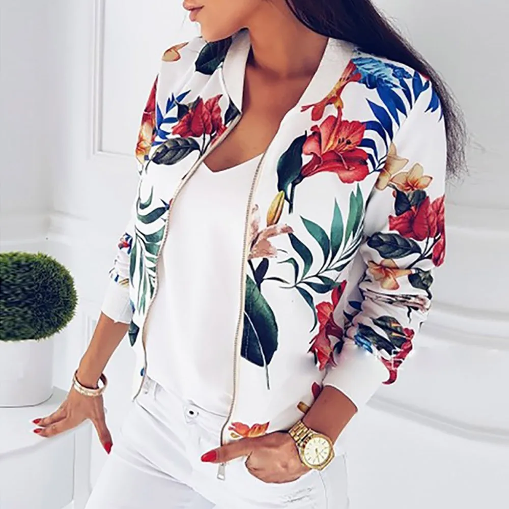 

New Ladies Ribbed Trim Flower Print Bomber Jacket Women Autumn Printing Long Sleeve Casual Tops Zipper Jacket Outwear Loose Tops