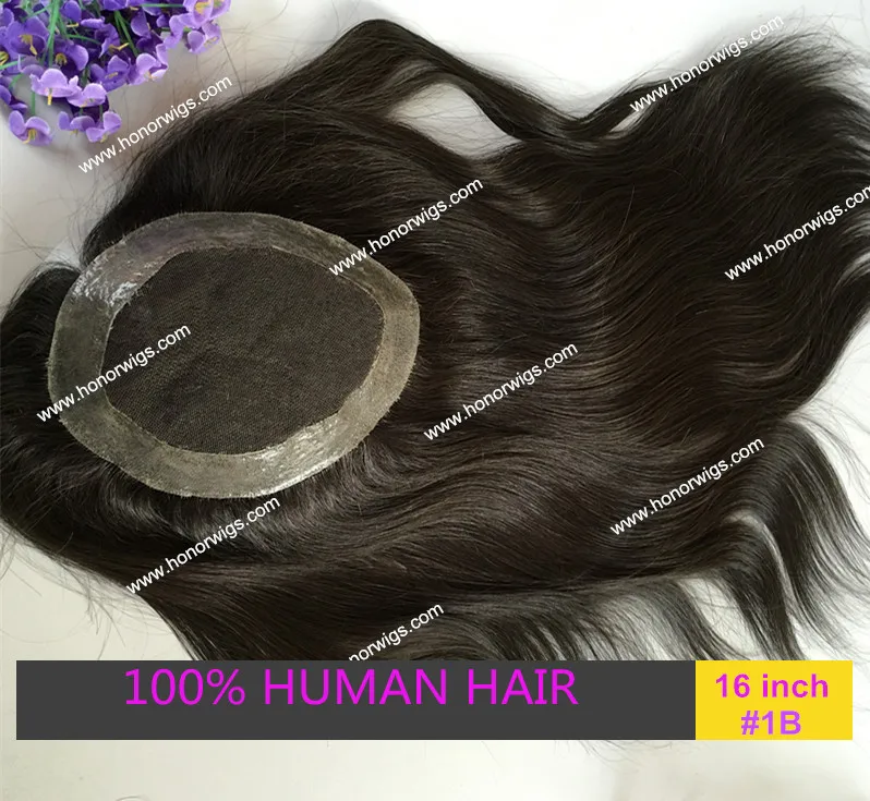 

HT271 16inches women's toupee can sew clips in stock color #1B natural black color natural straight 130% density swiss lace