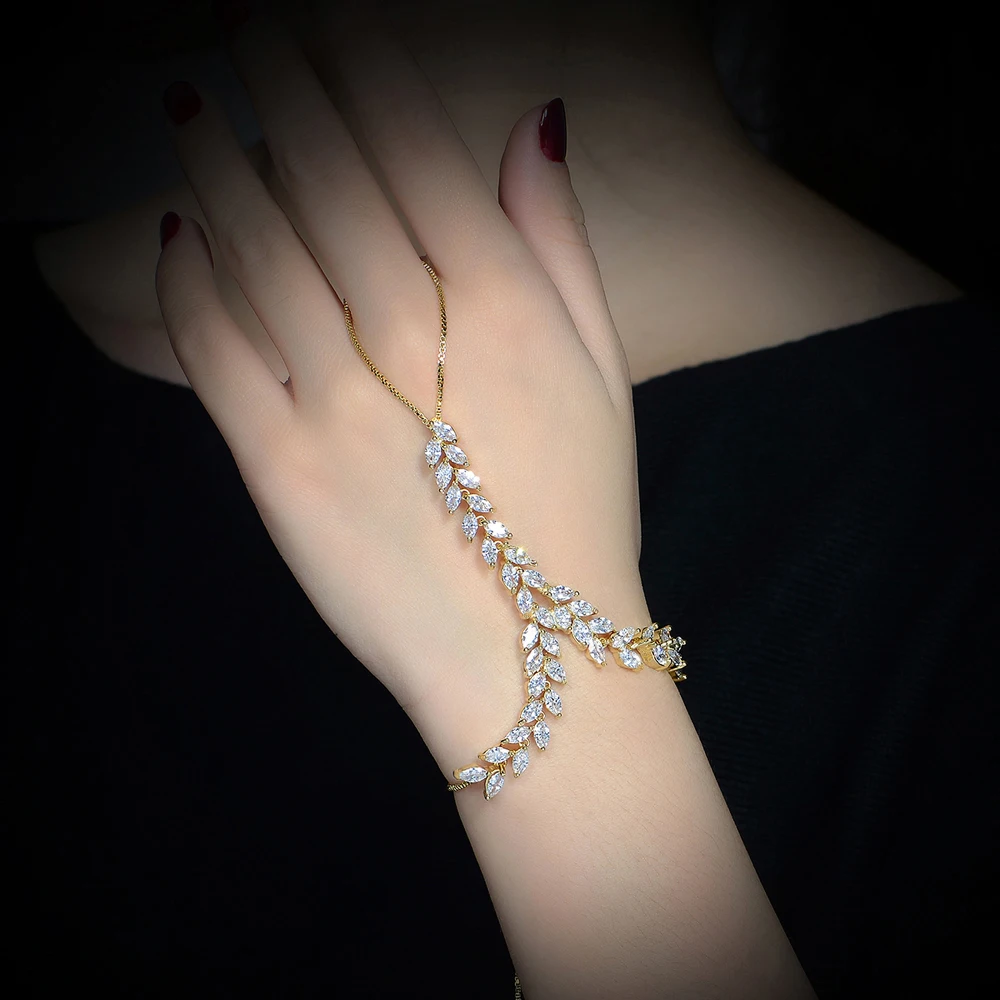 

Fashion Design Charm Palm Bracelet Connected Finger Ring Crystal Leaf Chain Bracelet, Yellow gold/rose gold plated/champagne gold plated etc.