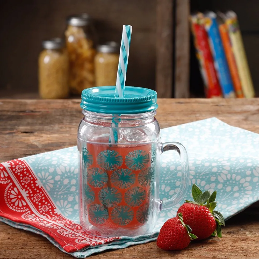 Mason Jar With Straw And Twistoff Lid,Bpa Free Double Wall Plastic