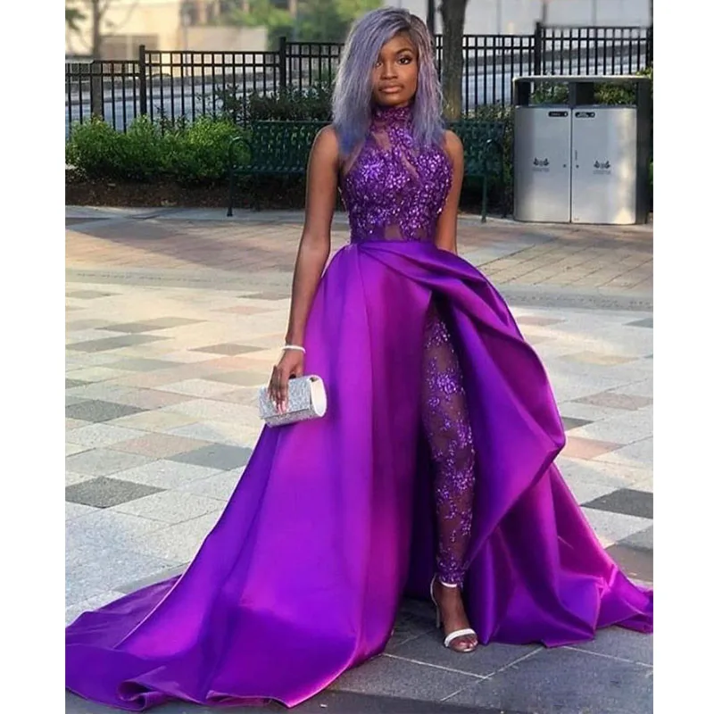 

Purple Jumpsuit Prom Dress Sequined Appliques With Detachable Train Special Occasion Evening Gowns, Same as picture/custom made