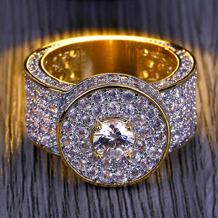 Hip Hop Bling Iced Out Round Crystal Ring Gold Color Brass Cubic