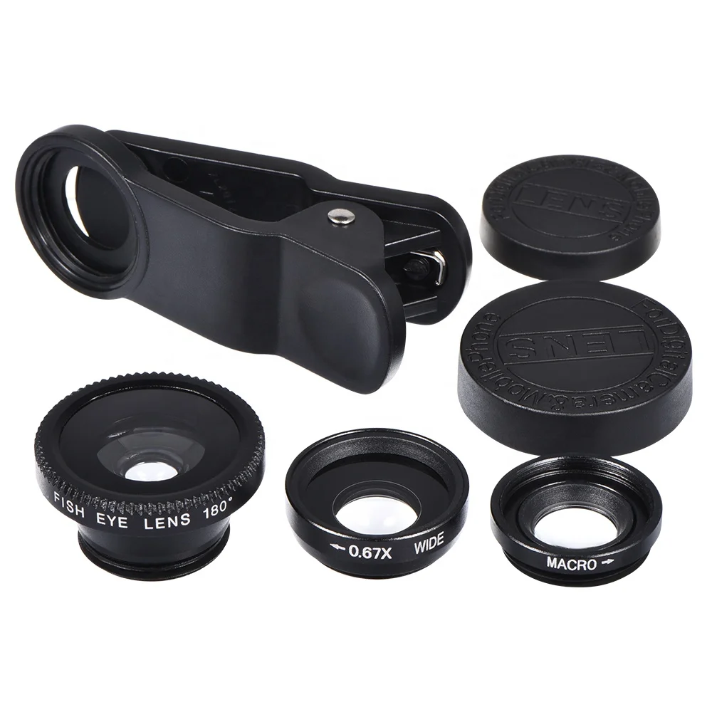 

3 in1 mobile Phone Camera Lens Kit Wide Angle Fish Eye Macro Lens With Clip For cellphone, Black , silver ,red,gold,blue