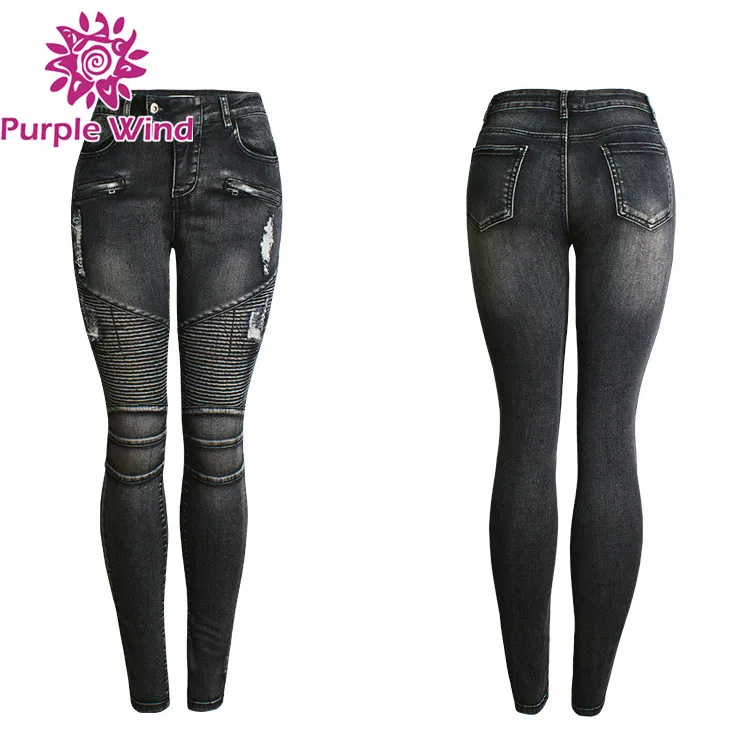 

2019 in stock new style denim luxury bike skinny jeans women stretch, Black