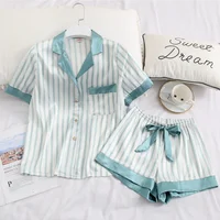 

simple short pyjamas women short sleeves ladies pajama sets shorts Cute striped sleepwear women homewear