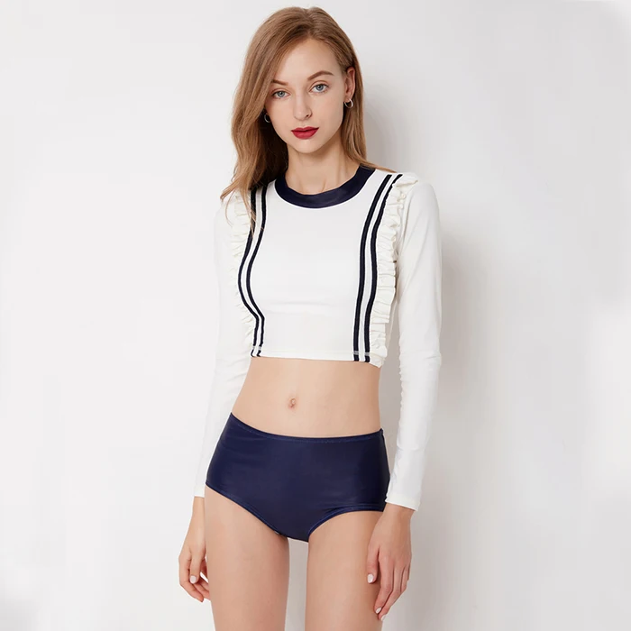 

Sport Solid Letter Striped Surf Long Sleeve Rash Guard Two Piece Swimwear