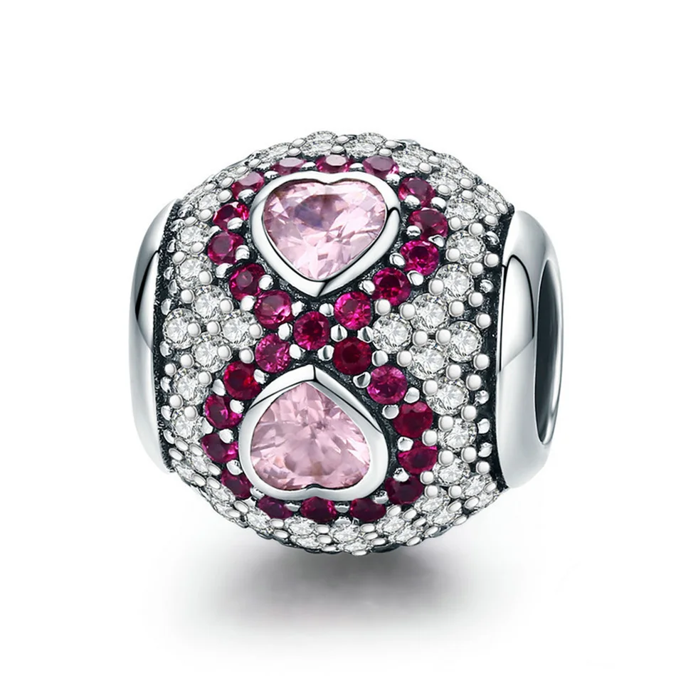 

Genuine 925 Sterling Silver Heart Clear CZ & Pink Crystal Charm fit Women Charm Bracelet Jewelry Gift Wireless eternal Love Bead