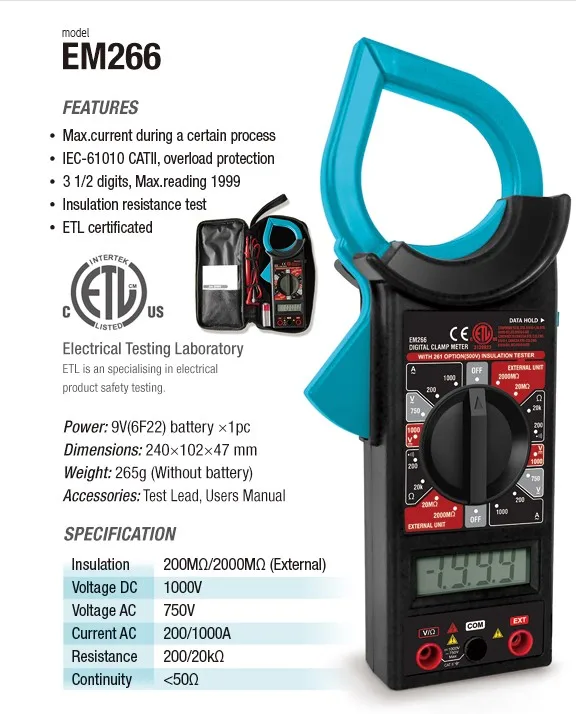 EM266 Digital Clamp Meter 3 1/2 digits LCD Display AC Current