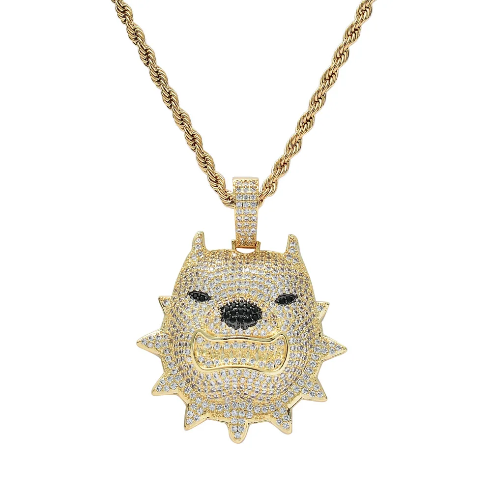 

18 k gold plated Brass Copper CZ stone inlaid Bulldog Ferocious Pet dog Men's Bling Ice Out Hip Hop Rapper Jewelry necklace, Gold, silver