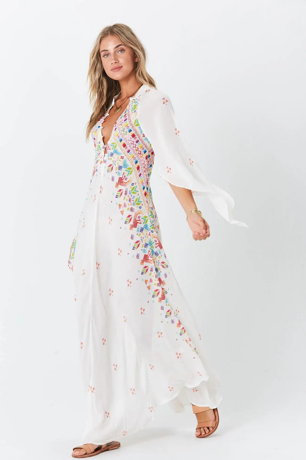 New Floral Print Fashion Bohemian V-Neck Button Dress Asymmetrical Long Dress