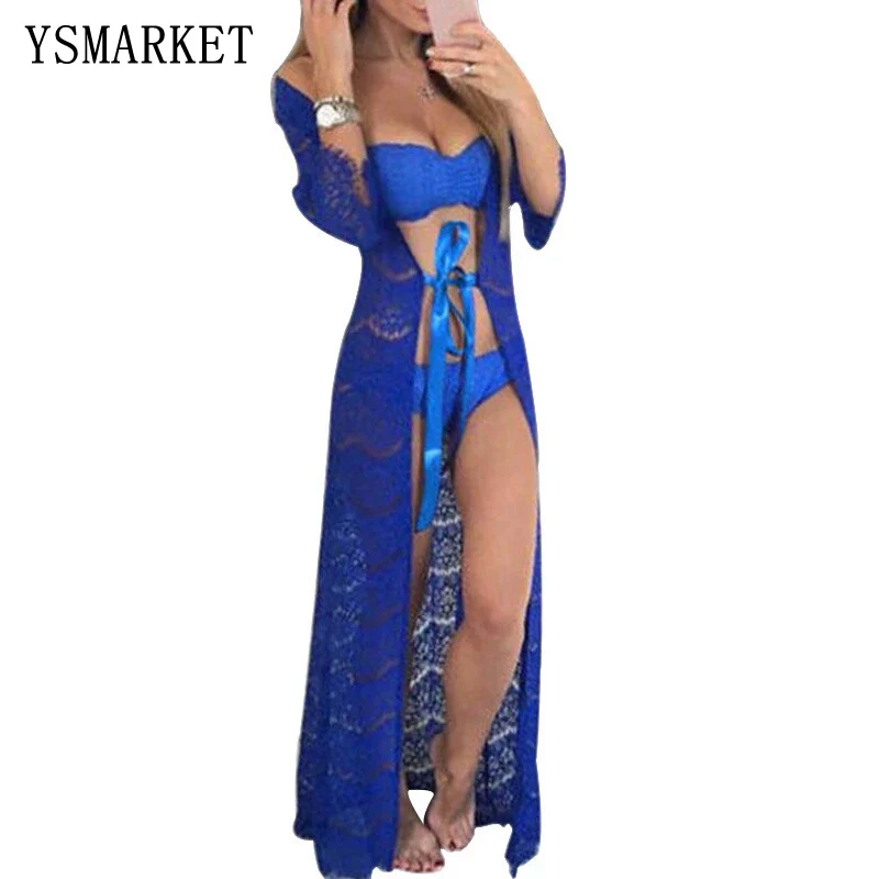 

New Stylish Sexy Women Beach Swimwear Dress Spring Summer Hot Long Sleeve Hollow Out Embroidery Lace Cover Up Vestido E0994, Can be customized