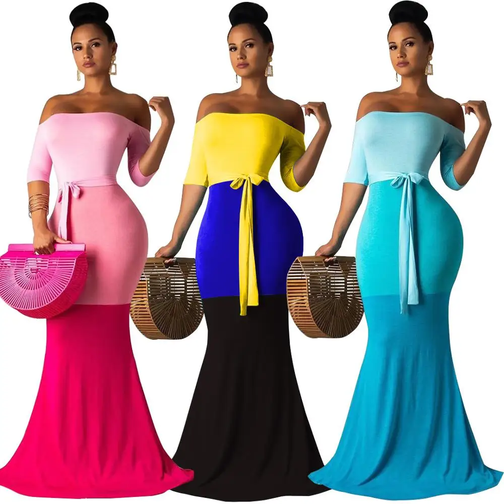 

2019 Off Shoulder slash neck patchwork Colour Long floor Casual Dress Ladies Summer Dresses Clubwear Maxi Gown Dress, Pink blue .sky blue