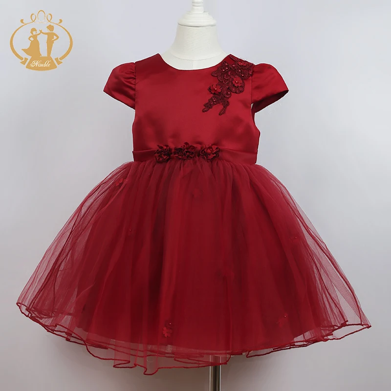 

Nimble Newest Design Elegant Beading Flower Satin Short Sleeve Baby Girl Dresses of 1-4 Years