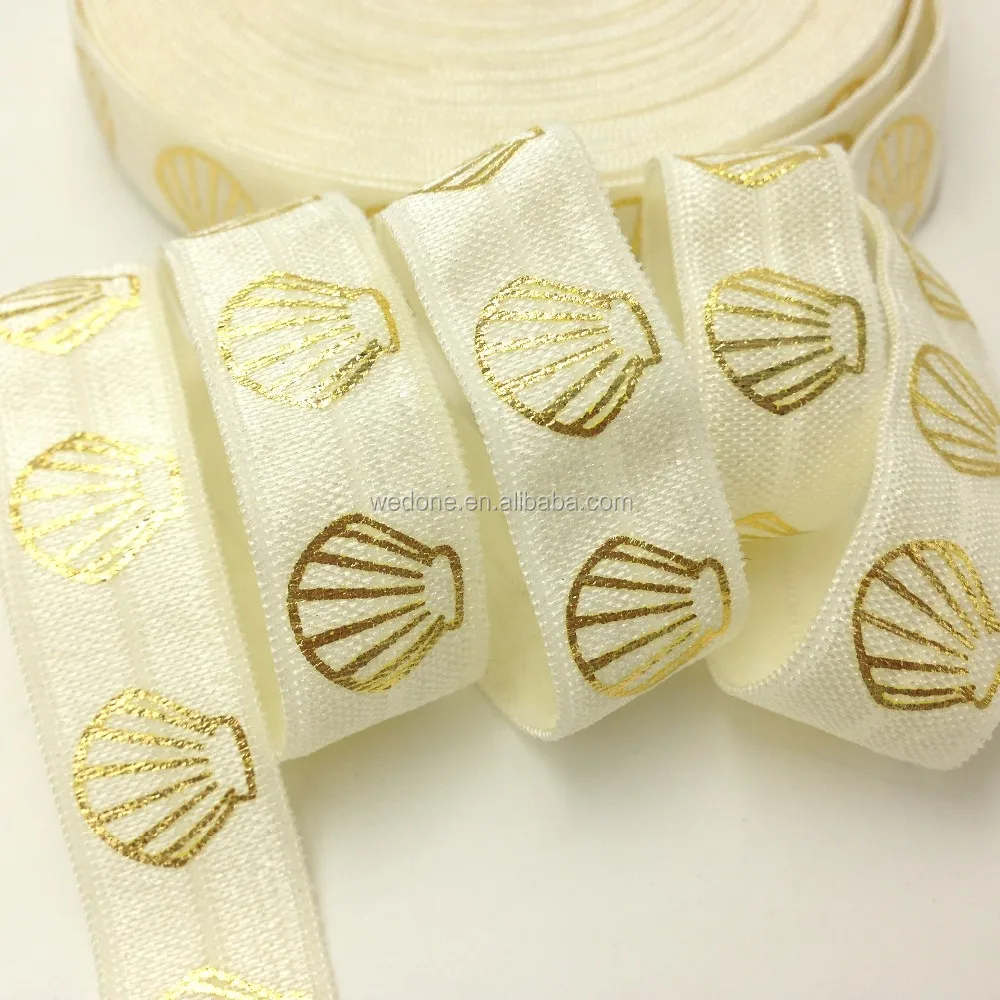 

High Quality Gold Shell Print Ivory Fold Over Elastic 5/8" Shell FOE Elastic Ribbon Wholesale for DIY Headwear 100Yards/lot, As per picture