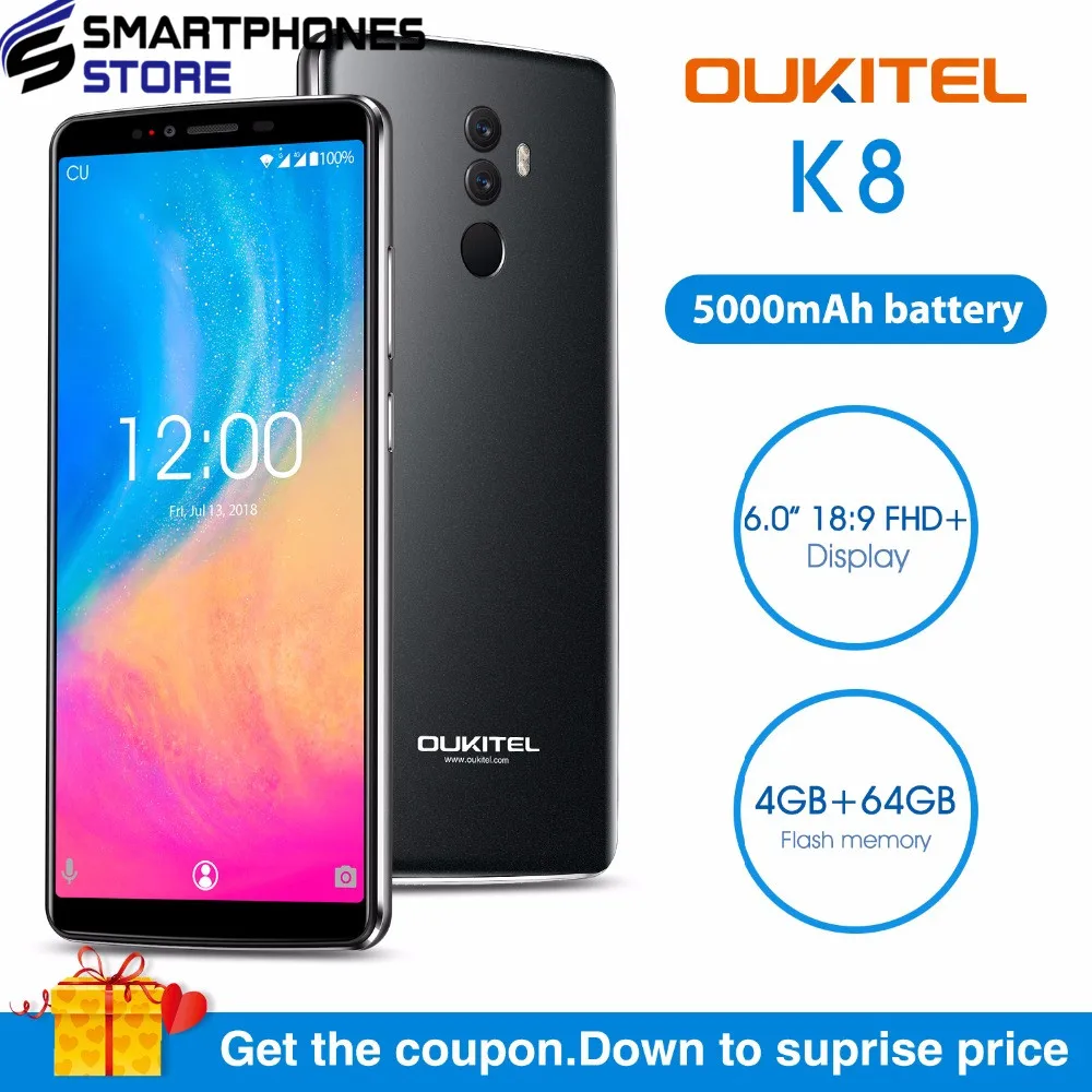 

Oukitel K8 18:9 Full Display 6.0 FHD Mobile Phone Android 8.0 4GB RAM 64GB ROM MT6750T Octa Core 13MP 5000mAh 4G smartphone, N/a