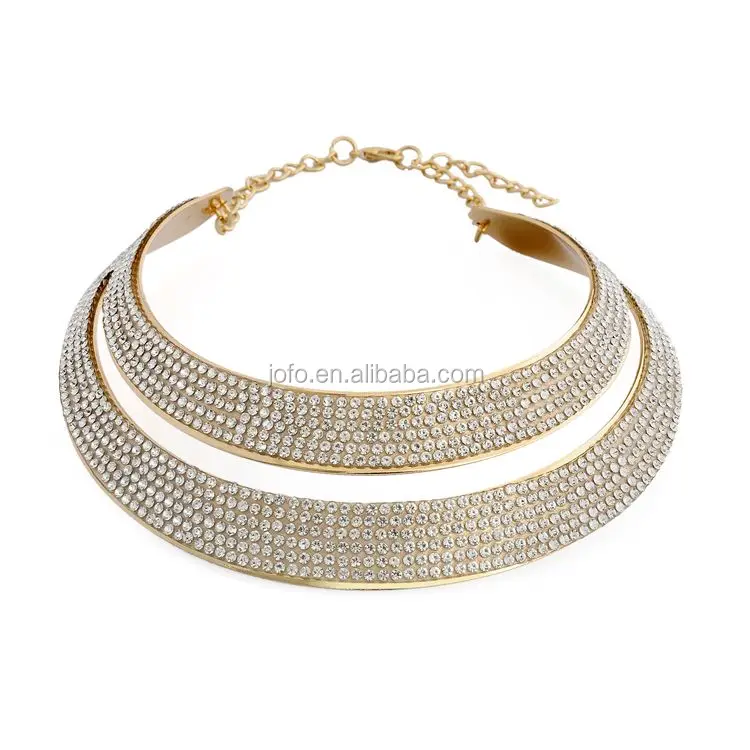 

Punk Wide Double Layer Gold Plated Metal And Diamond Choker Necklace Jewelries for Woman