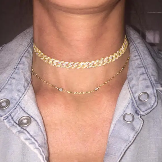 micro pave aaa cubic zirconia hip hop bling Gold plated women choker miami cuban link chain choker necklace