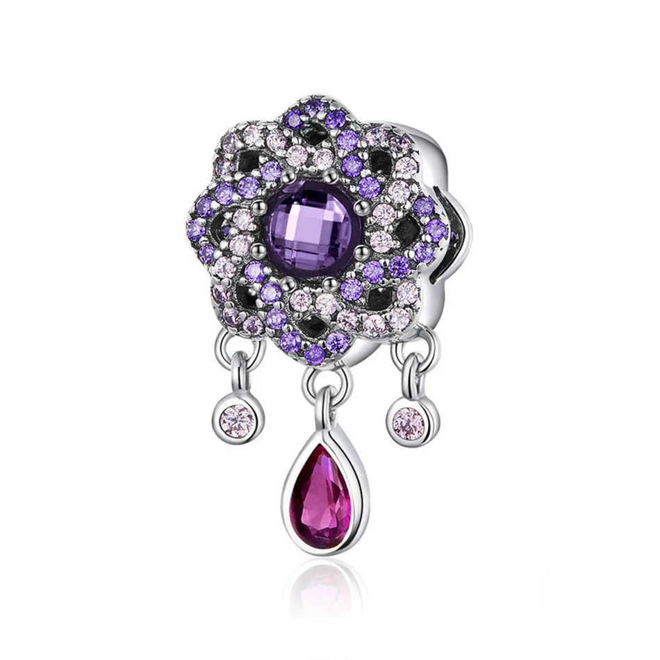 

High Quality 925 Sterling Silver Purple Flower Shape Charms Pendants Luxury Zircon Charm Fit Bracelets & Necklaces Jewelry