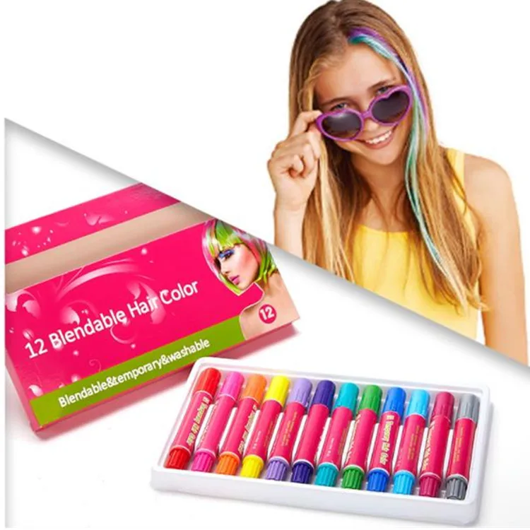12 Colors Temporary Coloured Hair Chalk Pens Sets Washable Instant Hair Dye Chalks Hair Color