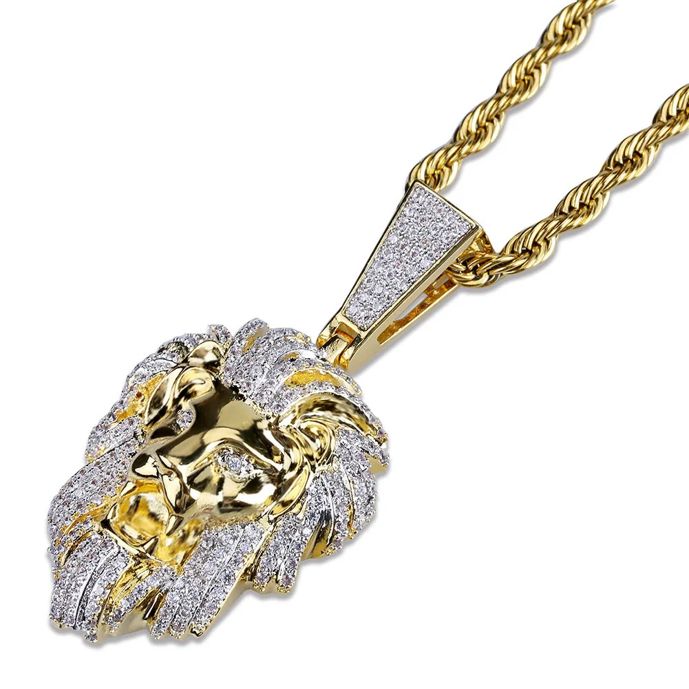 Real Gold Plated Zircon Lion Head Hiphop Men's Hanging Necklace