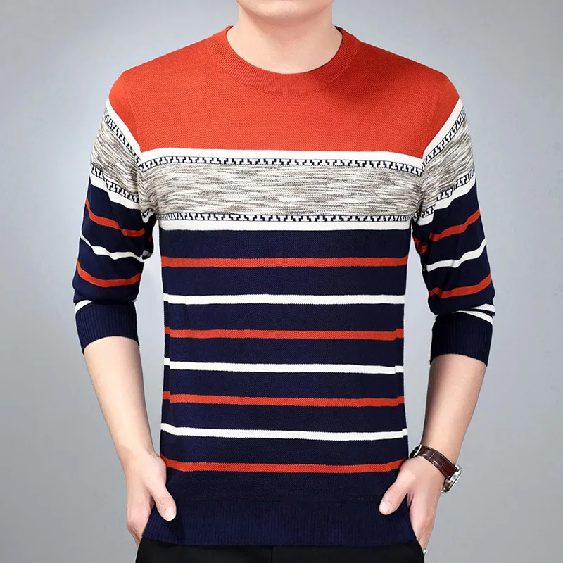 

2019 new arrival loose man roll neck stripe knitted wool man sweater