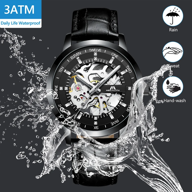 MEGALITH  mens watches black band no battery mechanical movement wristwatches montre homme water resistant silver