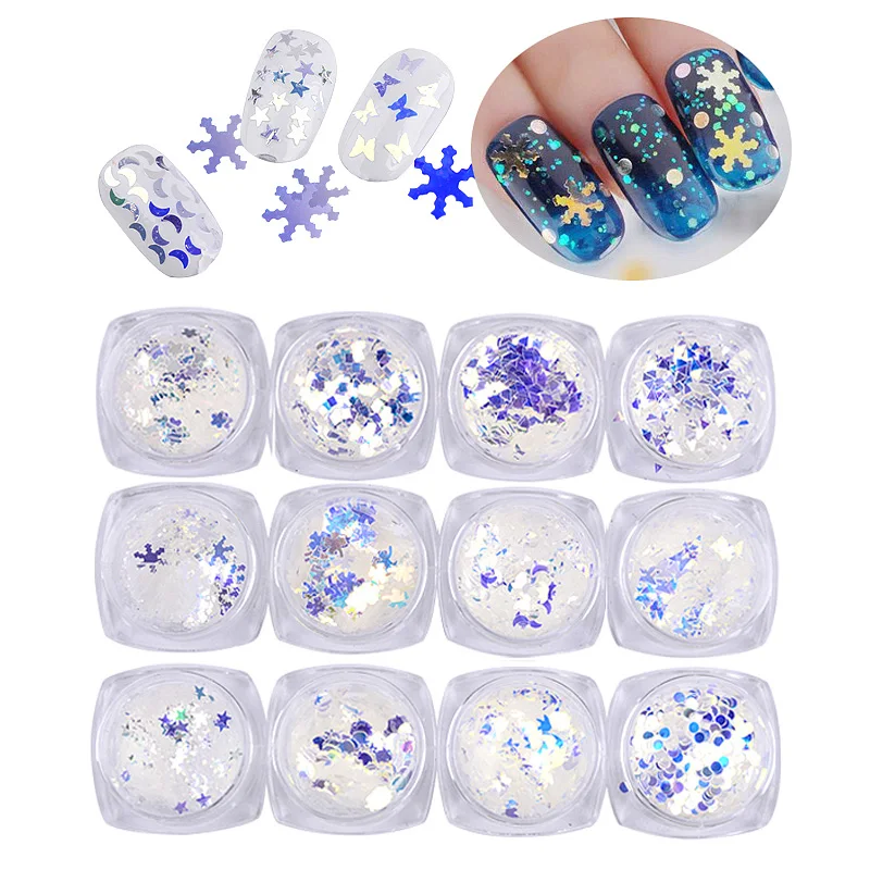 

Hot Sell Ultra-blue Sequins Snowflake & Umbrella & High Heels Shape Nail Paillette Flake 12 Jars/Set Nail Art Glitter, Blue nail glitter