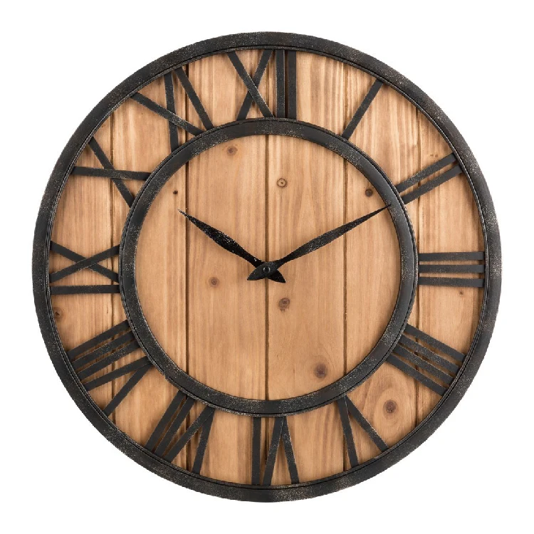 

Vintage Bronze Metal & Solid Wood Farmhouse Rustic Barn Wall Clock, Rustic blue