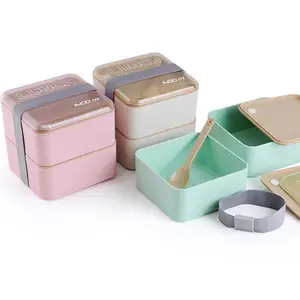 Image of Wheat Straw reusable food container Lunch Box Microwave Heated 1400ml Double layer food Bento take away Lunch Box with Lid