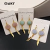 WT-E397 WKT Wholesale popular round jade blue agate rose quartz chalcedony charm leaf dangle hoop gold plated earrings