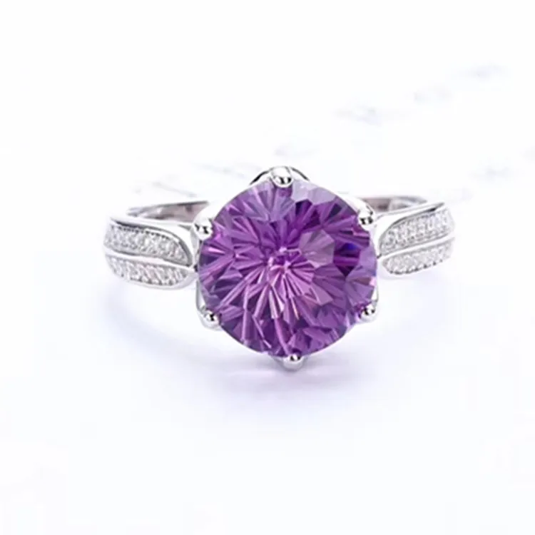 

beautiful minimalist crystal jewelry 925 sterling silver 18k white gold plated 10mm natural purple amethyst ring for women