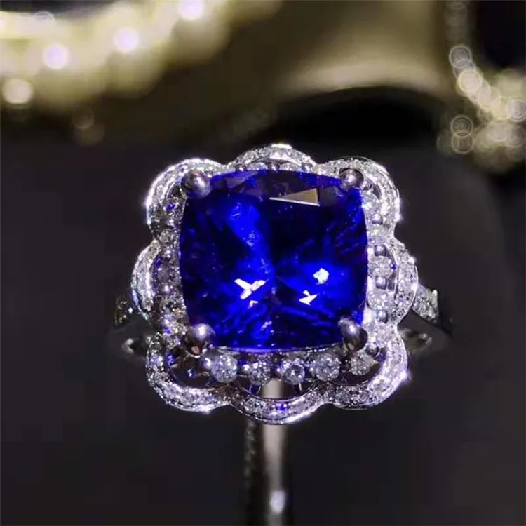 

cushion mixed cut Tanzanite gemstone jewelry 18k gold 4.5ct natural 5A royal purplish blue tanzanite ring for women