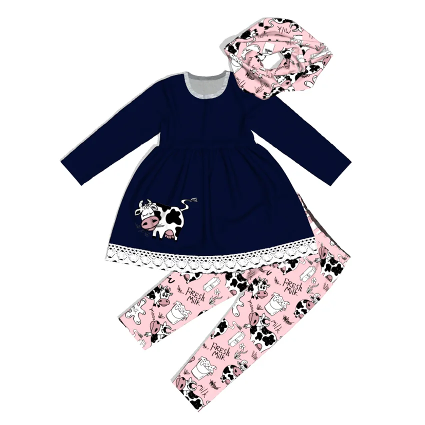 

kid clothes wholesale cow embroidery little girls boutique remake clothing sets, As pic show