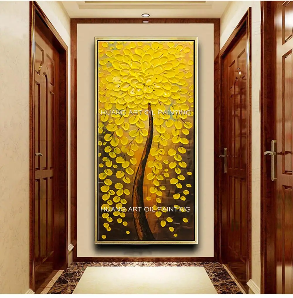 

100% Hand Painted Abstract Rich Tree Oil Painting Knife Yellow Flower Landscape Painting on Canvas for Living Room Decoration