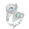 Abiding 925 Sterling Silver Flower Shape Ring Natural Swiss Blue Topaz Adjustable Rings for Girl