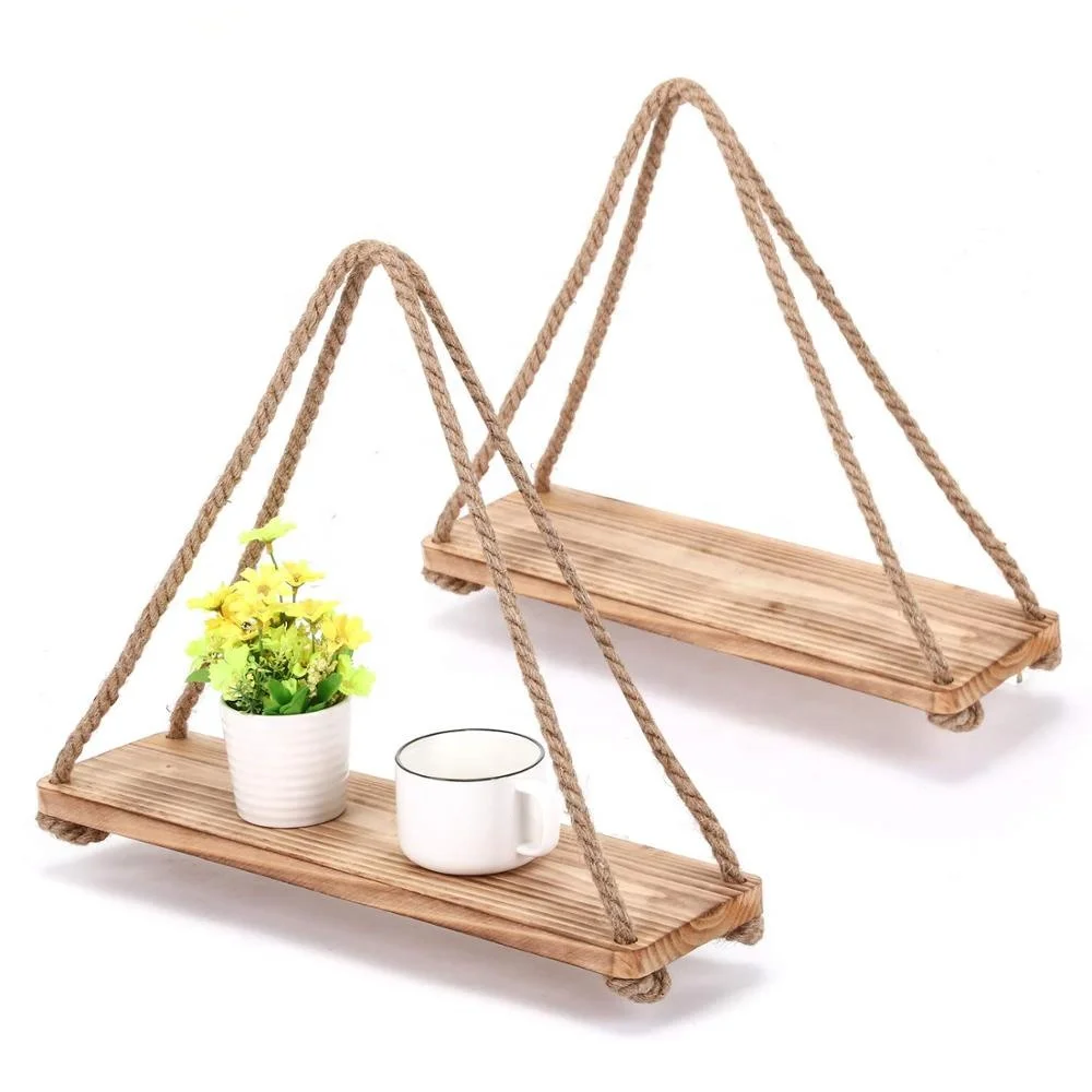 

Rustic Wood Hanging Swing Rope Floating Shelves, Beige, brown or as customer's requirement