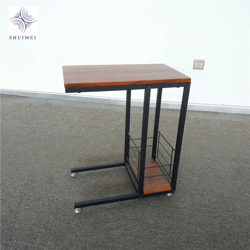 
Sofa Side Table W/angle adjustable Castor, Wooden Top Metal Base for Living Room 