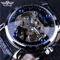 

Winner Black Skeleton Designer Blue Engraving Clock Men Leather Strap Mens Watches Top Brand Luxury No Battery Automatic Watch