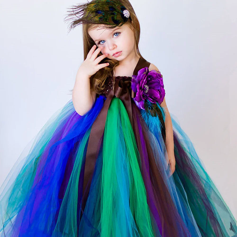 

Free shipping 2-14Y Girls Peacock Tutu Dress Long Fluffy Tutu Tulle Dress Feather Flower Girl Kids Birthday Performing Dress, Peacock blue