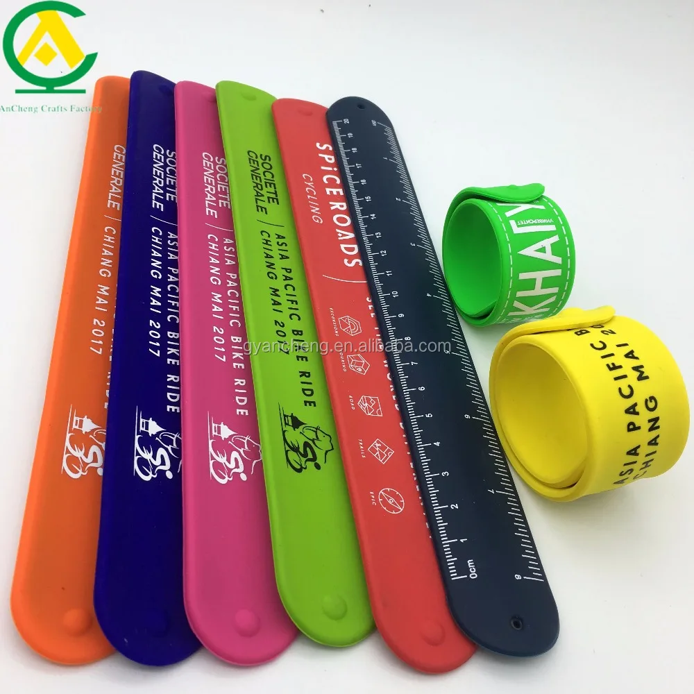 

Wholesale Snap Silicone Sport Custom Slap Bracelet, Glow In Dark Reflective Pvc Ruler Led Slap Bracelet