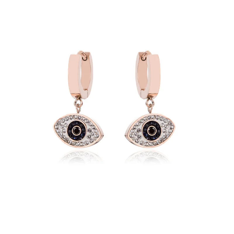 

Fashion Women Rose Gold Hoop Earrings Titanium Steel Evil Eyes Drop Earrings Wholesale (SK392)