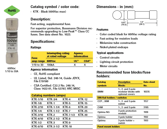 600v Class Cc Fast Acting Supplemental Fuse Ktk-r Ktk Fuse Car ...